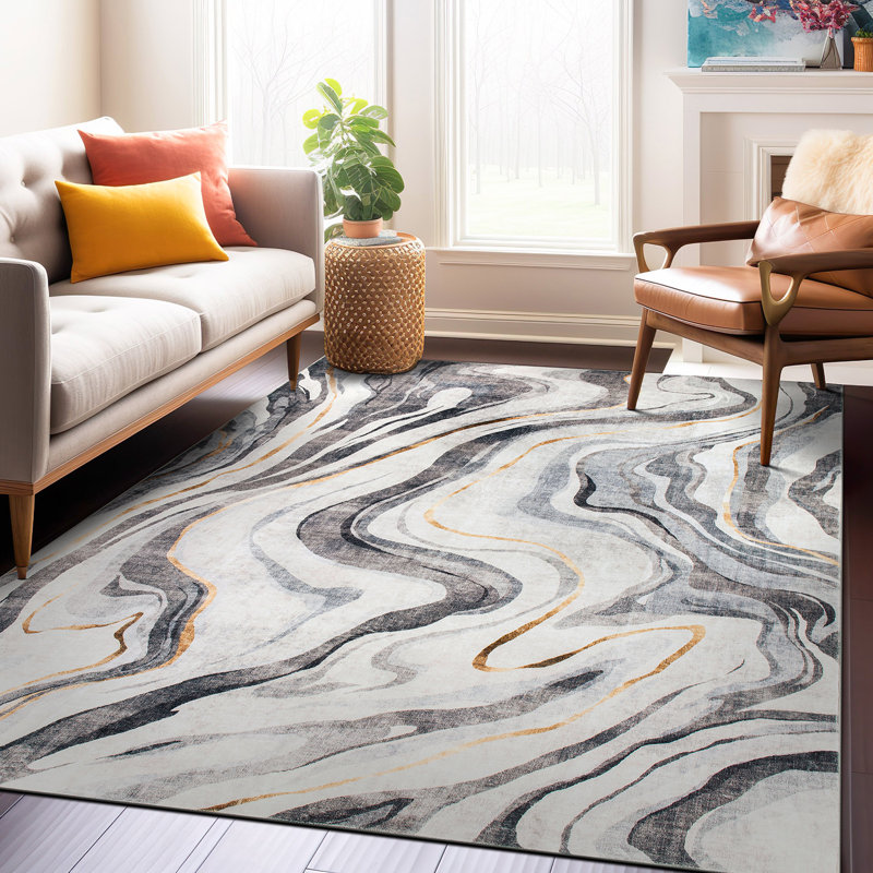 Tapis contemporain lavable antidérapant en marbre, Rectangle 7 pi 10 po x 10 pi