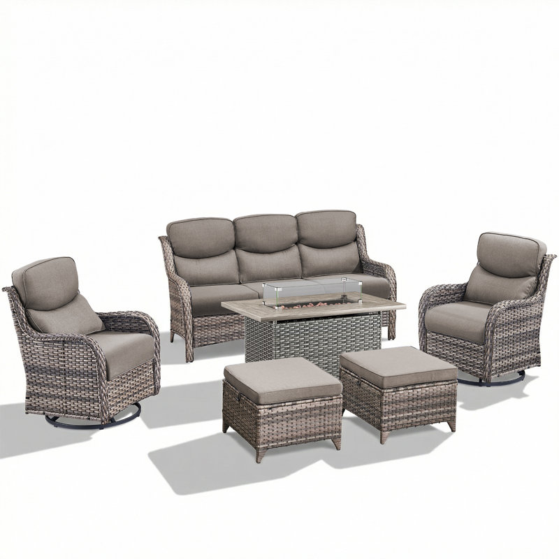 Simino 6-Piece Outdoor Wicker Patio Rectangle Fire Pit Table Conversation Set With Swivel Gliders And Ottomans, Gray, Gray