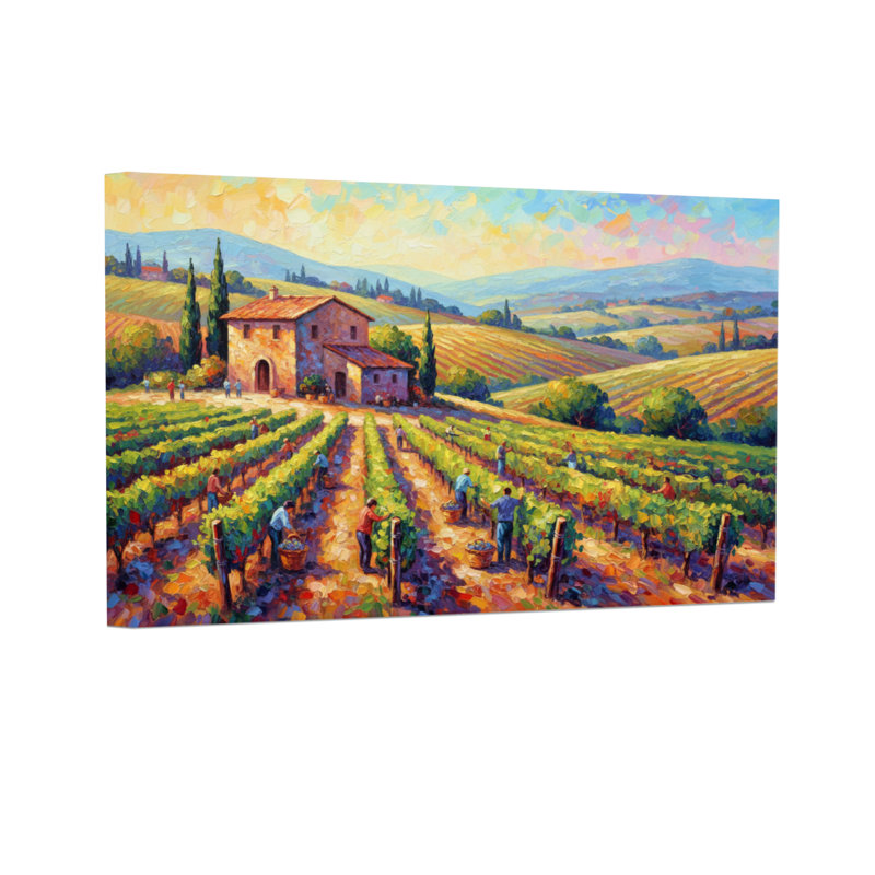 Paysage de vignobles avec ferme et ouvriers, H 24 po x l 36 po, Toile tendue, Ne s’applique pas