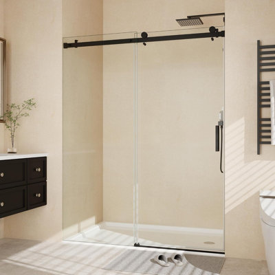 Sliding Glass Shower Door 56-60x76 Inch Frameless 8mm Tempered Glass Stainless Steel Rail 55 Rollers
