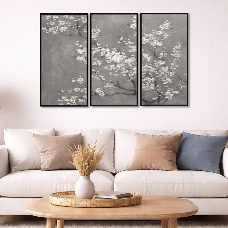 White Cherry Blossoms II - ensemble d'art mural sur toile encadré traditionnel de 3, Noir, H 32 po x l 48 po x P 1 po