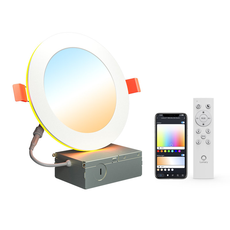 Lumary encastré 6 po avec anneau lumineux RVB / nuit Lumary Smart Wafer de Lumary, sans boîtier avec boîte de jonction, compatible avec Alexa / Google Assistant / télécommande BT, homologué ETL, 1 paquet