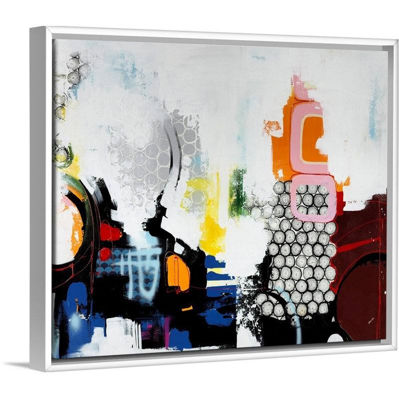 « excitant of sort », peinture sur toile, H 21,7 po x l 25,7 po x P 1,75 po, Cadre flottant blanc
