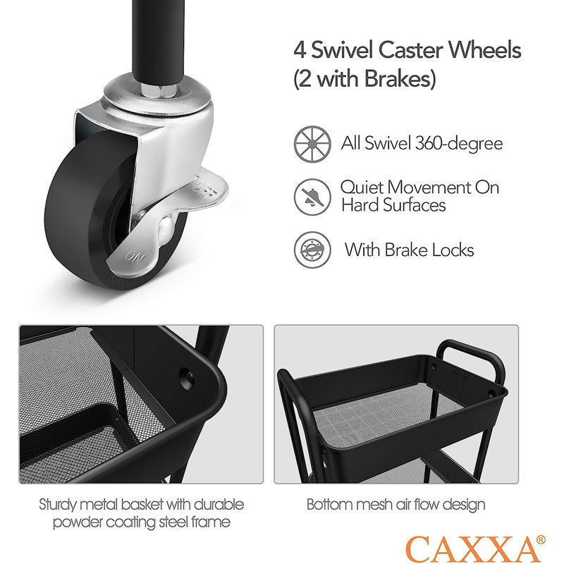 Black 3-Tier Metal Rolling Utility Cart with Casters