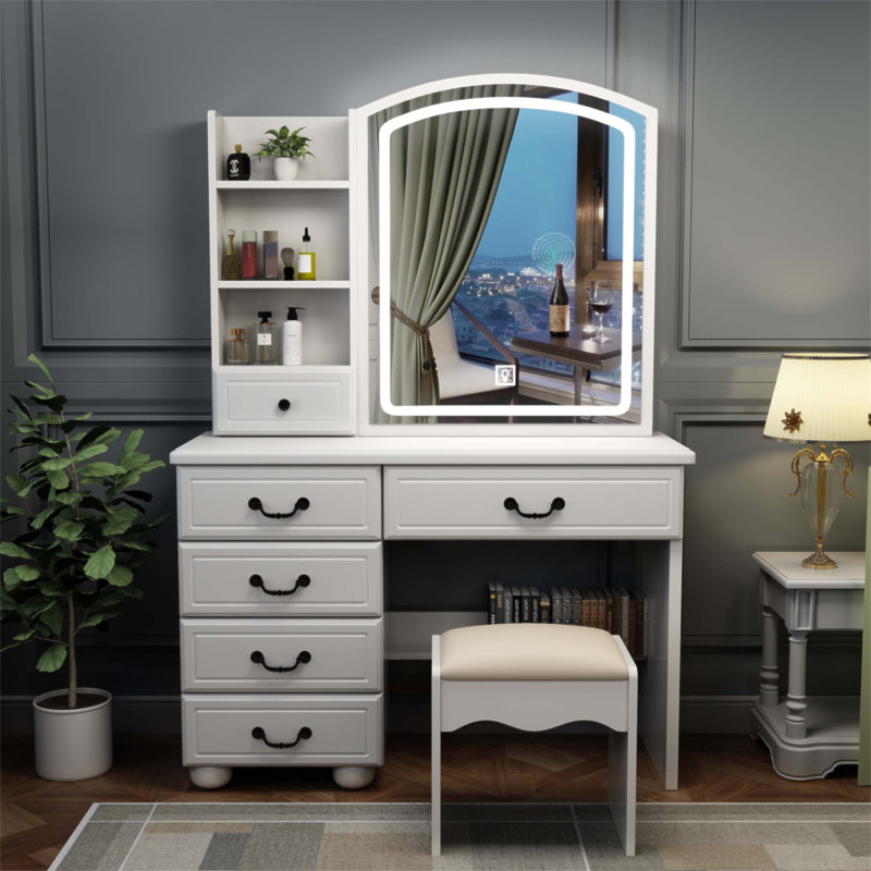 Bureau de coiffeuse avec miroir et lumières réglables 3 couleurs, 6 tiroirs pour rangement de maquillage