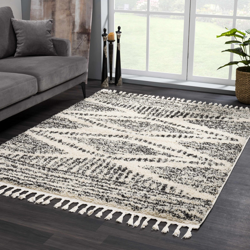 Espindola Shaggy Performance Tasseled Beige Area Rug, Rectangle 7'10" x 10'