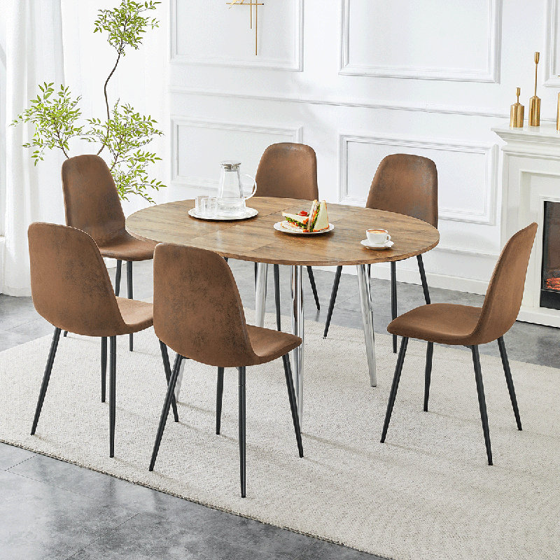 Round Dining Table Set For 4–6, 42"-54"Expandable Wood-Grain Finish Dining Table With Silver Metal Legs And Faux Suede Upholstered Chairs,Ideal Dining Space For Small Apartments.