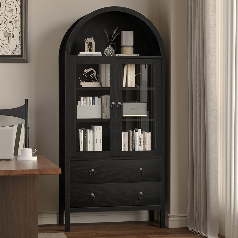 Adona 70.87''H Arched Adona Storage Bookcase Cabinet with Adjustable Shelves and 2 Drawers, Black