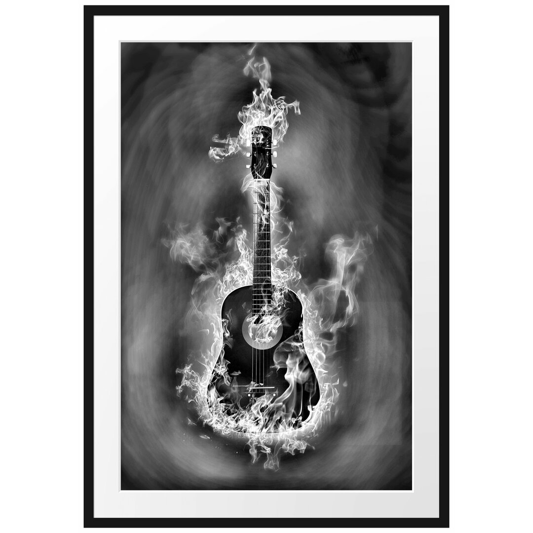 Gerahmtes Poster Brennende Gitarre, Heiße Flammen