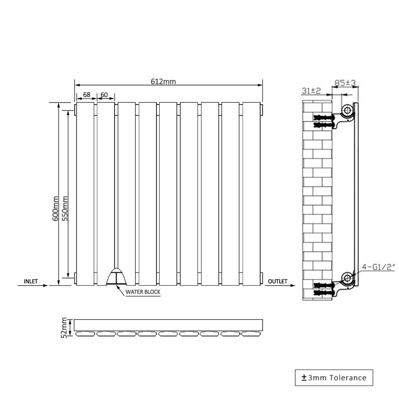 Shonta Horizontal Single Flat Panel Radiator, 60cm H x 61.2cm W, Chrome