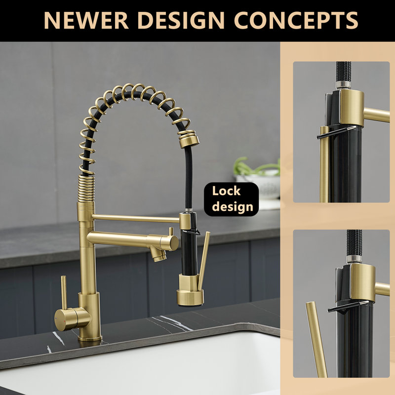 Stainless Steel Kitchen Sink Faucet With Pull Down Sprayer, Single Handle Lever | Gift Idea, Brushed Gold
