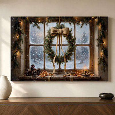 Reproduction d'art sur toile tendue avec une fenêtre de Noël avec couronne, H 20 po x l 30 po