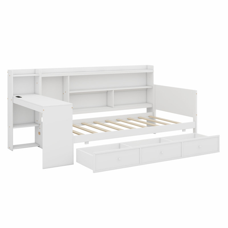 Lit de jour avec 3 tiroirs, ports USB et bureau, Blanc