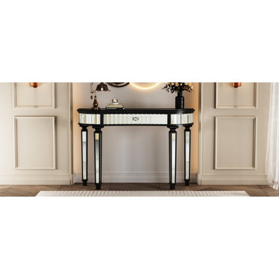 47" Half - Moon Mirrored Desk For Foyer Or Bedroom Vanity, Featuring Fluted Glass Panels And Crystal Knob, Built On A Reliable Hardwood Baseplate Vanity In Shape With Vertical Accent, Ideal Mid
