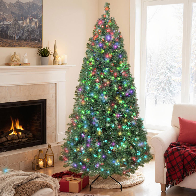 Arbre de Noël 6 pi avec lumières RVB dynamiques, télécommande, minuterie quotidienne, arbre de Noël à charnières, assemblage facile