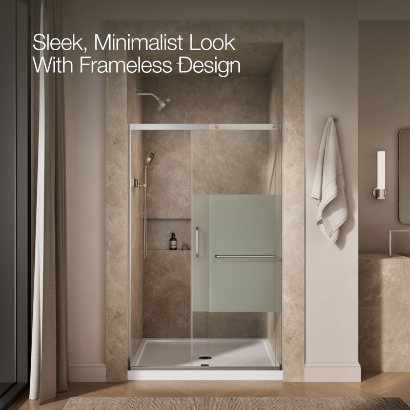 Elate Tall Sliding Shower Door, 75-1/2-In H X 44-1/4 - 47-5/8-In W, With Heavy 5/16-In Thick Crystal Clear Glass With Privacy Band