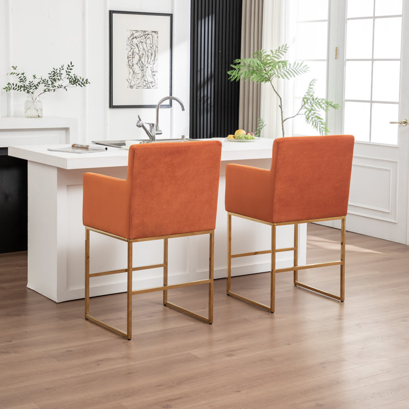 Upholstered Counter Stool With Metal Frame, Orange