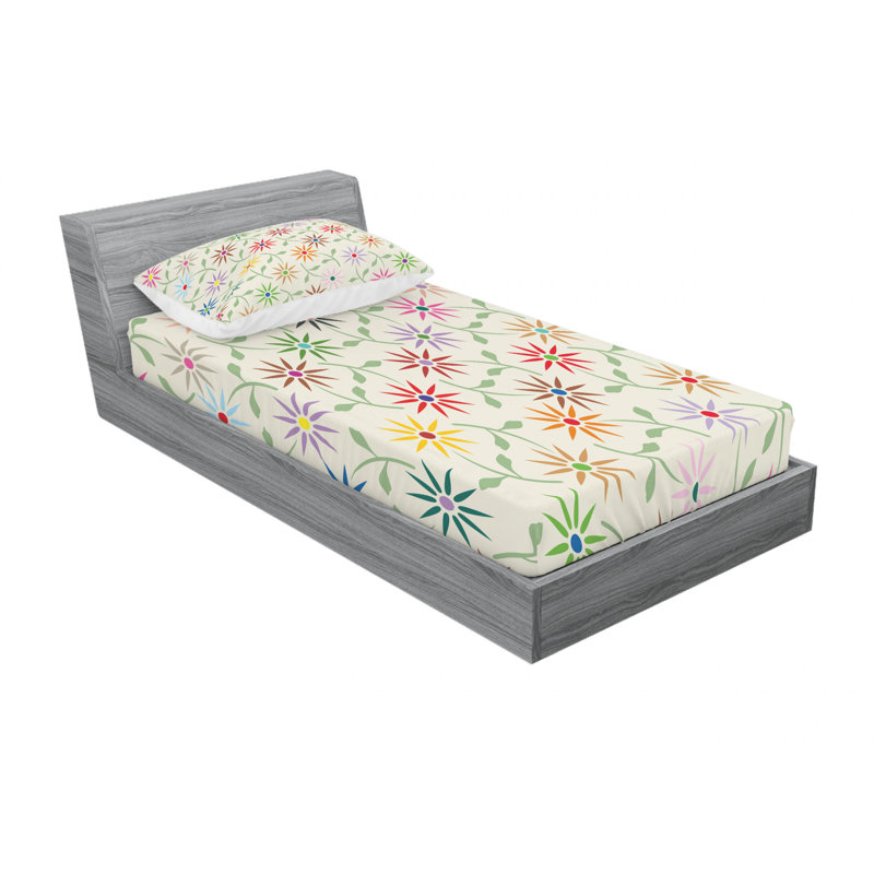 Microfiber Floral Fitted Sheet, Full Fitted Sheet with Pillowcase, Beige/Green/Pink Floral