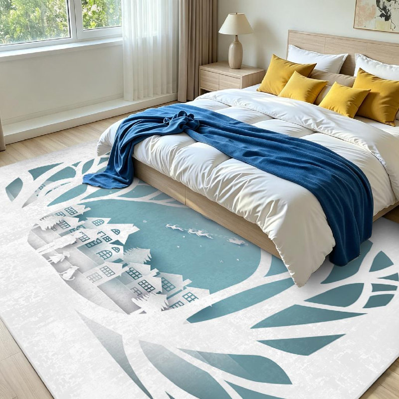 Tapis d'intérieur bleu lavable à la machine, motif paysage de Noël en papier., Rectangle 71 po x 98 po