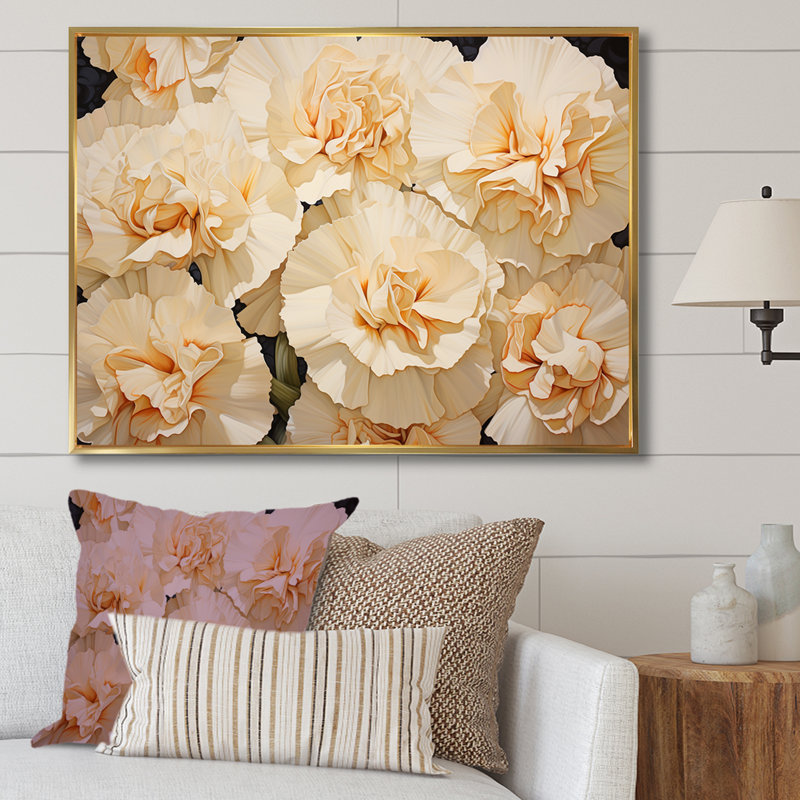 Arrangement d'œillets beiges sur toile, H 24 po x l 32 po x P 1 po, Cadre flottant doré