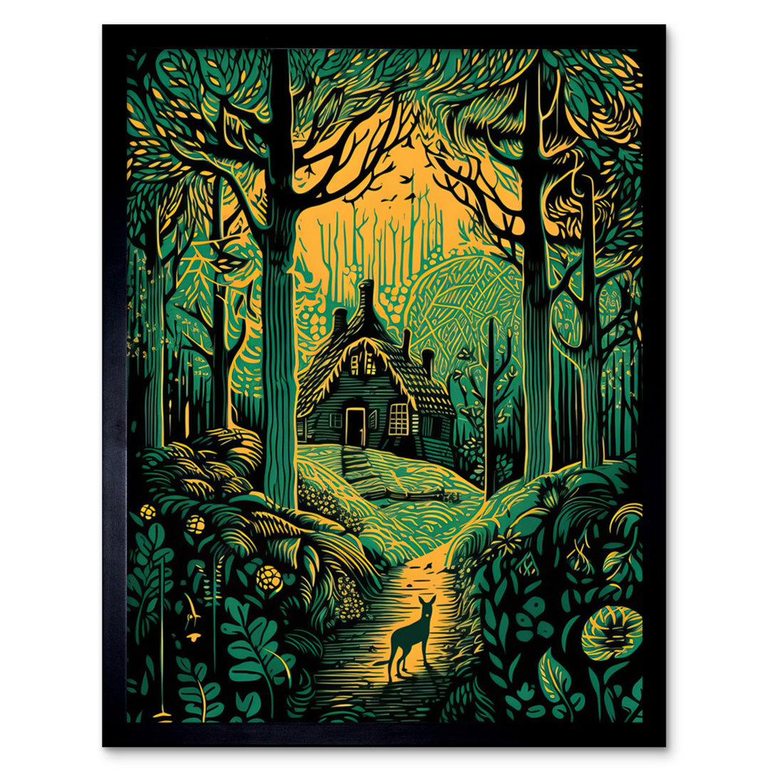 Aarion Cabin Hut In The Forest Green And Orange Linocut - Single Picture Frame Print