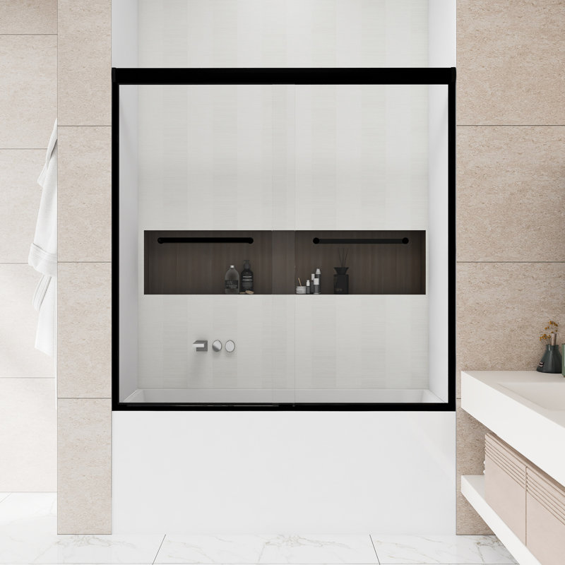56-60" W × 60" H Aluminum Frame Double Sliding Bathtub  Shower Door | 1/4 Inch Tempered  Glass With Explosion-Proof Film | Stainless Steel  Handle | Matte Black
