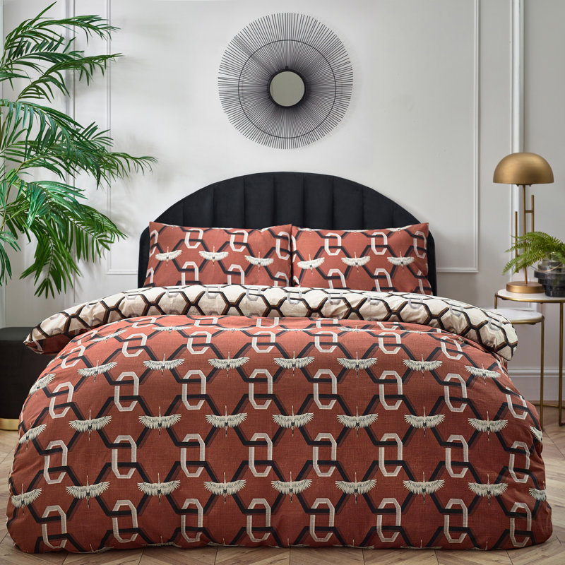 Cotton Blend Geometric Shapes Duvet Cover Set with Pillowcases Included, Brick