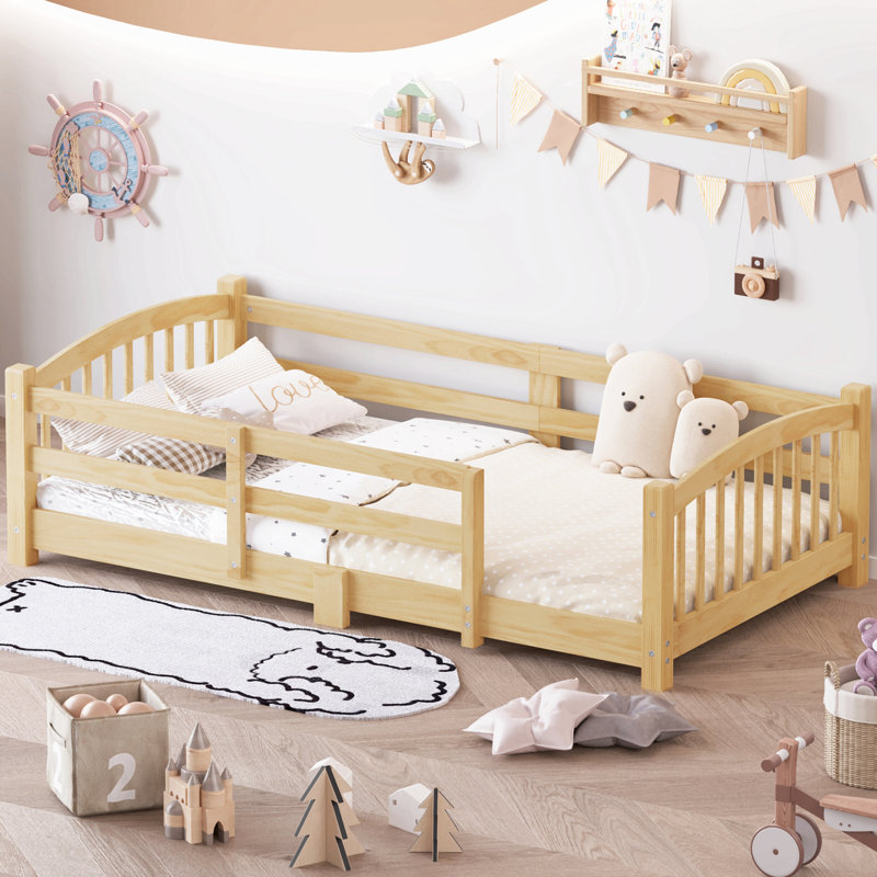 Montessori Floor Bed With Slats And Safety Guardrails, Solid Wood Floor Bed With Fence And Without Door, Natural, Twin