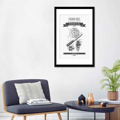 " W.H. Glocker Fishing Reel Patent Sketch Retro (Charcoal) " by Aged Pixel