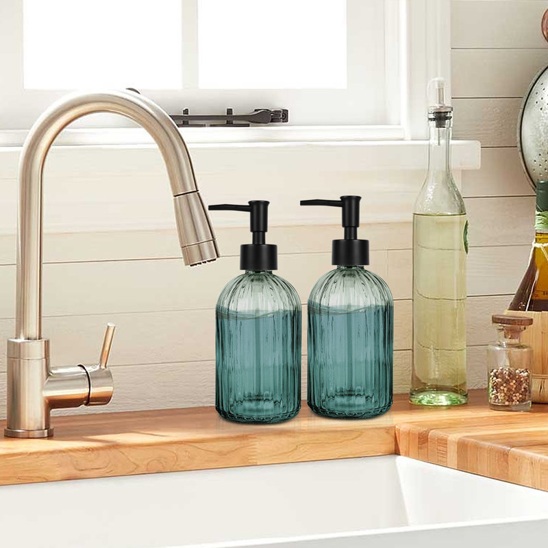 Ensemble de 2 distributeurs de savon en verre avec pompe en plastique, distributeur de savon à main liquide 400 ml, pompe antirouille pour la cuisine et la salle de bain, idéal pour les lotions, huiles essentielles, savons liquides, vert armée