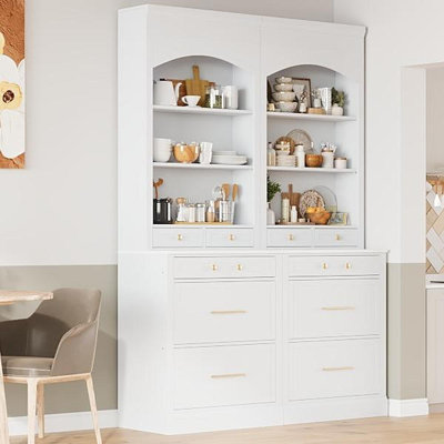 Modern 83.7Inch High Kitchen Pantry, Freestanding Tall Kitchen Hutch With Top,Cupboard Cabinet With 5 Storage Drawers And Adjustable Shelf, Set Of 2, White