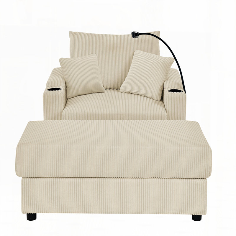 Fauteuil en velours côtelé avec repose-pieds, accoudoirs de rangement, chaises de salon confortables avec coussin de 8 po, deux porte-gobelets et un support pour téléphone