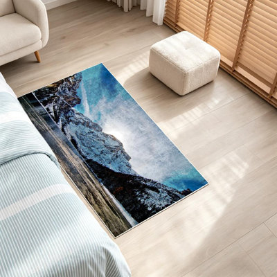 Blue Machine Washable,Snowy Sky Braies Lake Adventure Indoor Area Rug