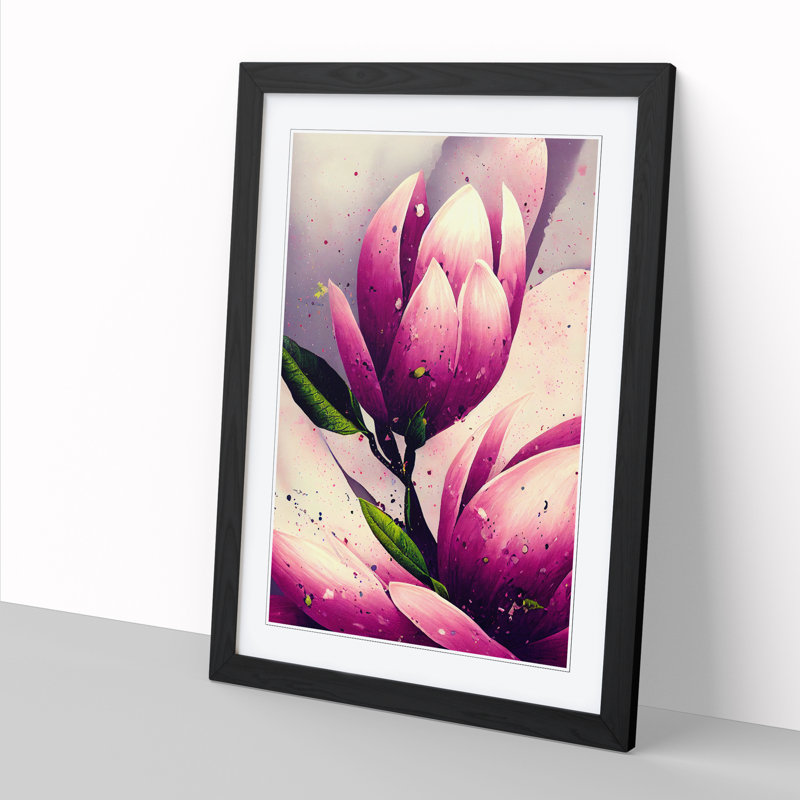 Ludwicka Magnolia Flower Paint Splatter Vol.1 - Picture Frame Print, Black, 64cm H x 46cm W