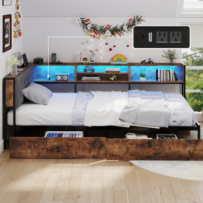 Twin Corner Bed Frame with 2 Drawers and Bookcase Headboard, Platform Corner Bed with Charging Station and LED Lights, Twin Size Daybed for Kids and Teen