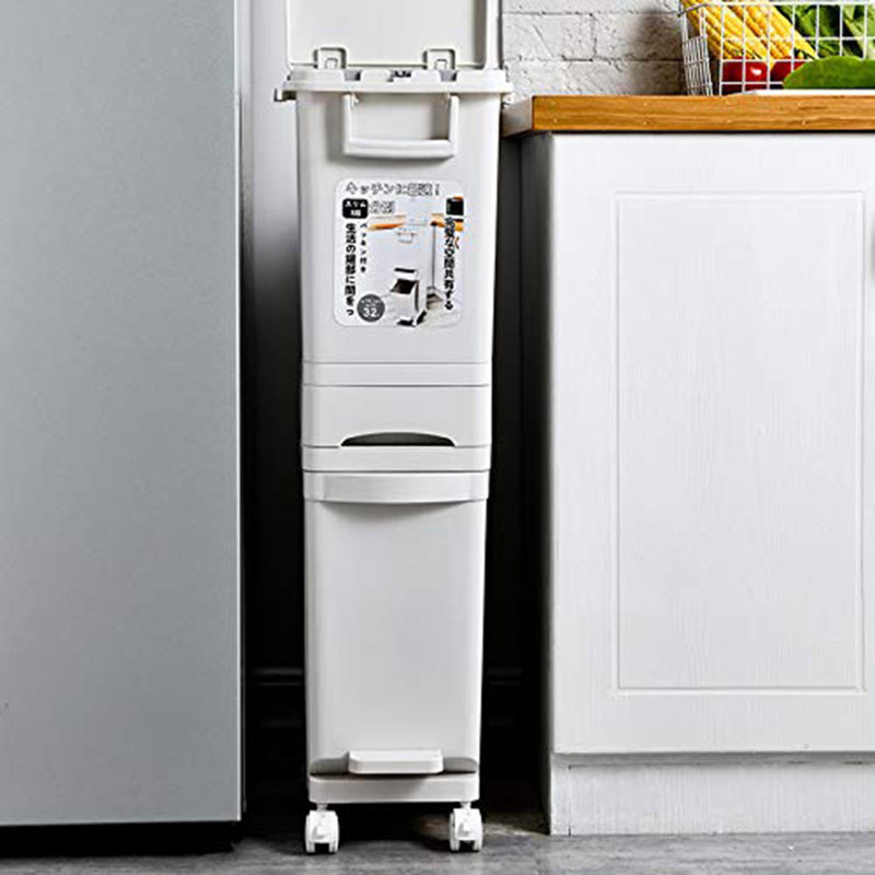 Vertical Waste Bin With Dual Compartments & Pedal – Dry & Wet Trash Separator With Wheels – Slim, Durable Recycling Container For Compact Kitchens, Homes & Workspaces