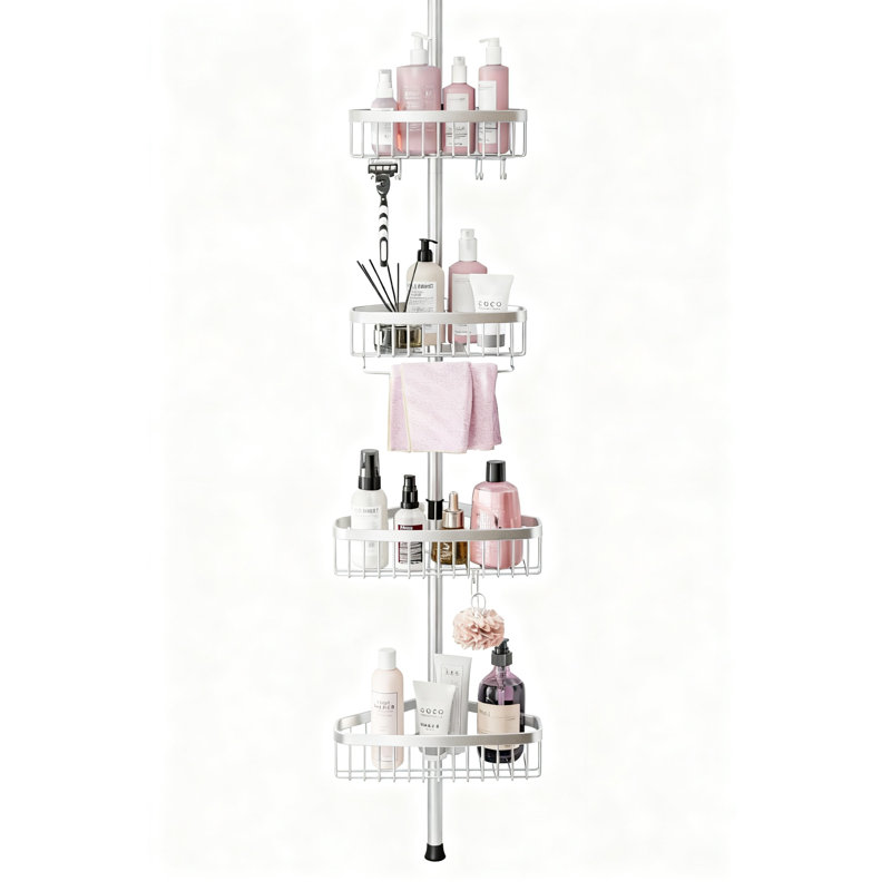 Poteau de tension de coin pour chariot de douche, organisateur de salle de bain réglable antirouille à 4 niveaux pour rangement de shampooing, tablette de baignoire sur pied (argent)