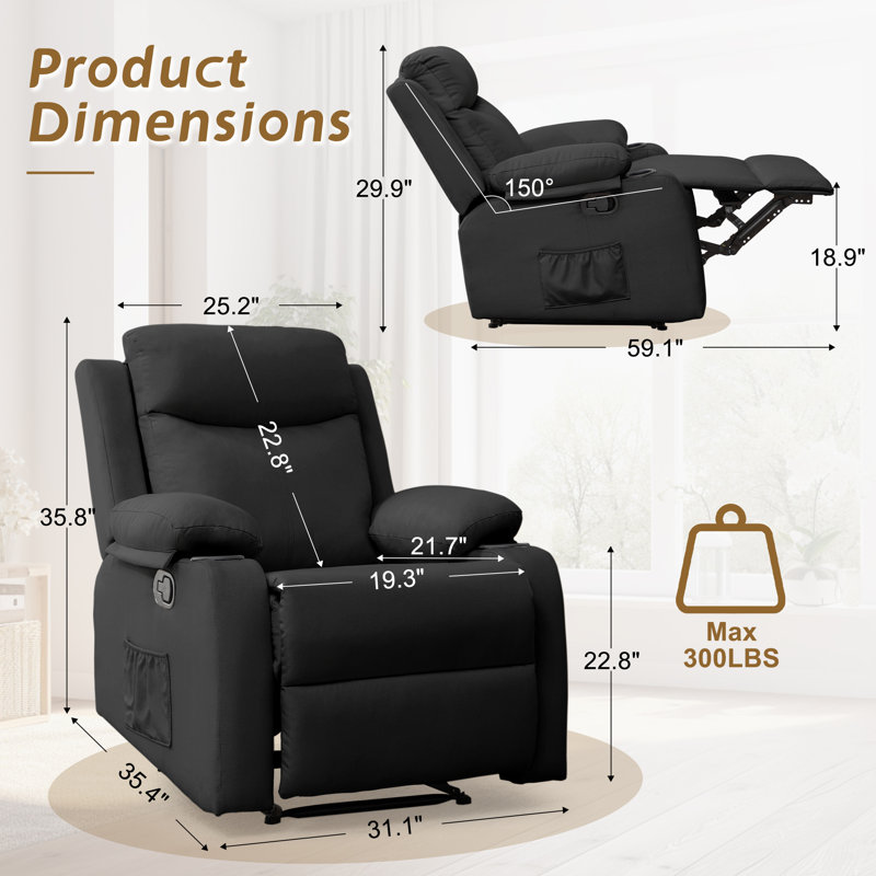 Recliner Chair, Small Recliner For Small Spaces, Fabric Manual Recliners For Living Room, Black