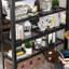 Grand lit mezzanine en métal avec bureau, tablettes de rangement et tringle de suspension, sans sommier, noir