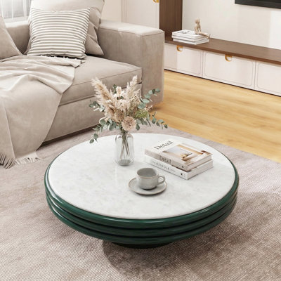 39.4'' Modern Round Coffee Table, Marble Top with High-gloss Lacquer Green Finish, Solid Black Wood Base, Luxury Living Room Centre Table for Apartment & Office