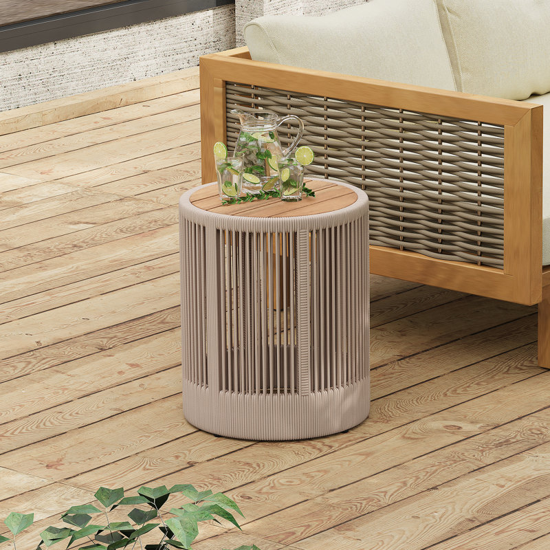Outdoor Rattan Rope & Acacia Wood Side Table - Patio Balcony Furniture For Garden, Yard, Balcony - Weather Resistant(Rope Beige, Natural Iron)