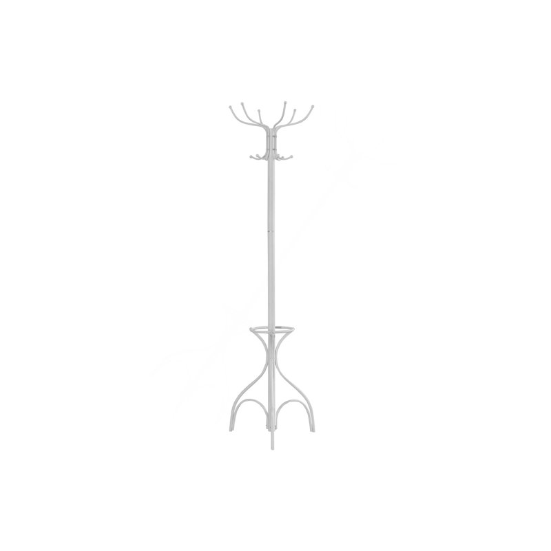 Coat Rack, Hall Tree, Free Standing, 12 Hooks, Entryway, 70"H, Umbrella Holder, Bedroom, White Metal, Contemporary, Modern