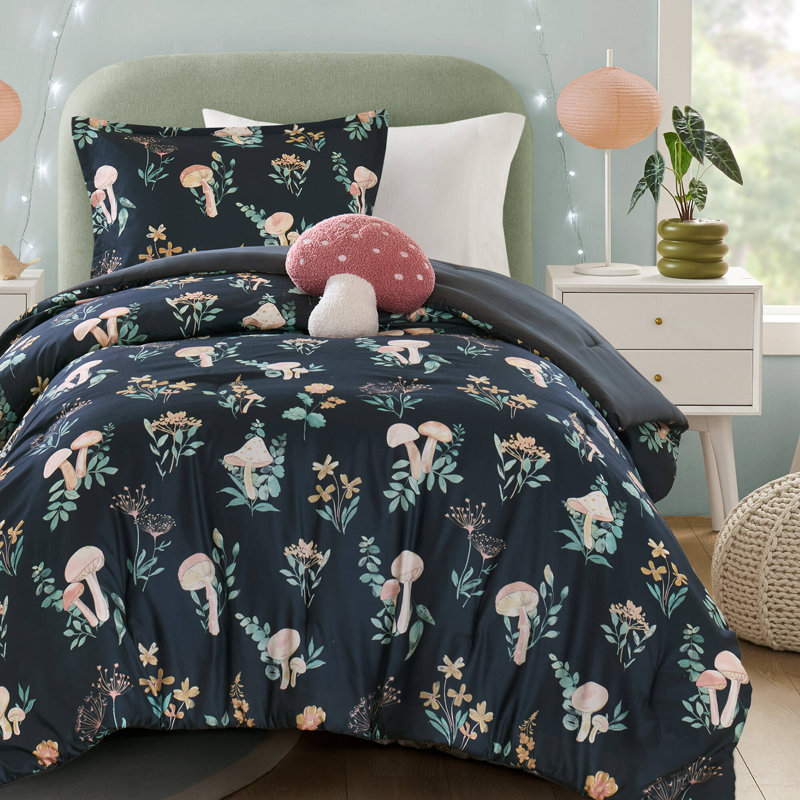 Gwen Navy Mushroom Garden 3-Piece Twin/Twin XL Comforter Set, Twin/Twin XL Comforter + 1 Sham + 1 Pillow, Navy