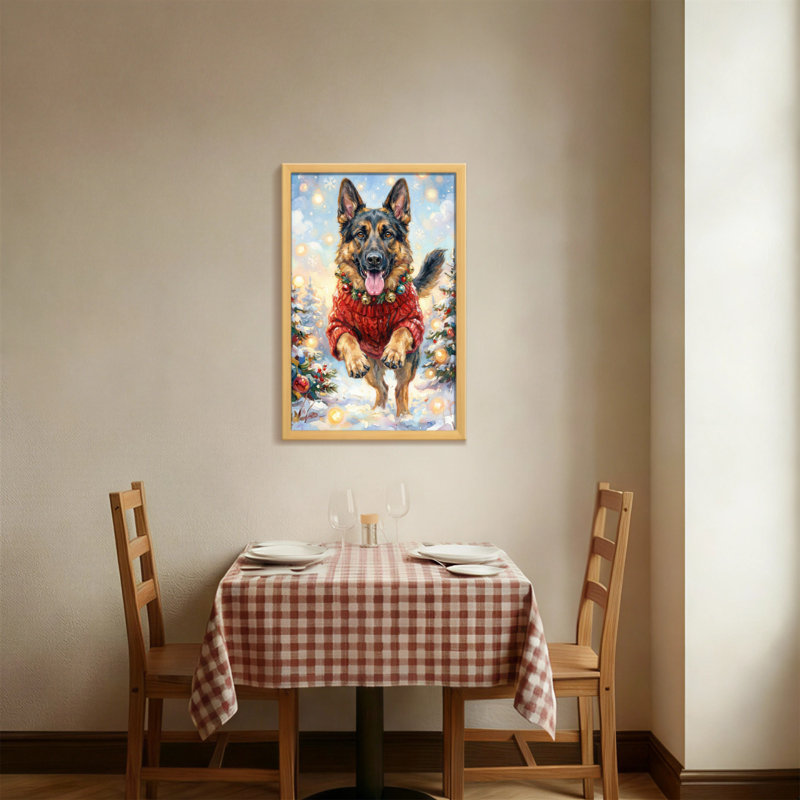 Animaux, berger allemand en chandail rouge, scène d'hiver, H 18 po x l 12 po