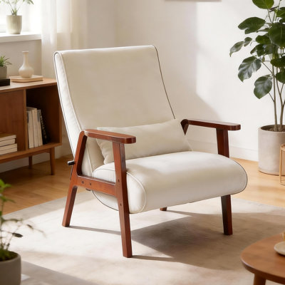 Fauteuil d'appoint réglable avec dossier inclinable à 4 positions, fauteuil rembourré Mid-Century avec accoudoirs en bois et coussin épais pour le salon, la chambre à coucher, le balcon, la salle de réception