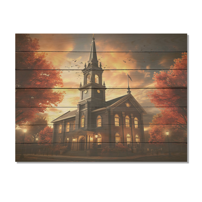 Impression sur bois, charme de la campagne religieuse - Église, H 24 po x l 32 po x P 0,78 po