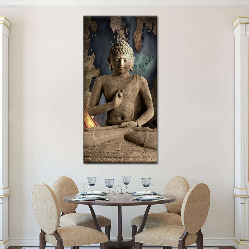 Ancienne impression sur toile Bouddha en pierre, H 36 po x l 18 po x P 1,25 po
