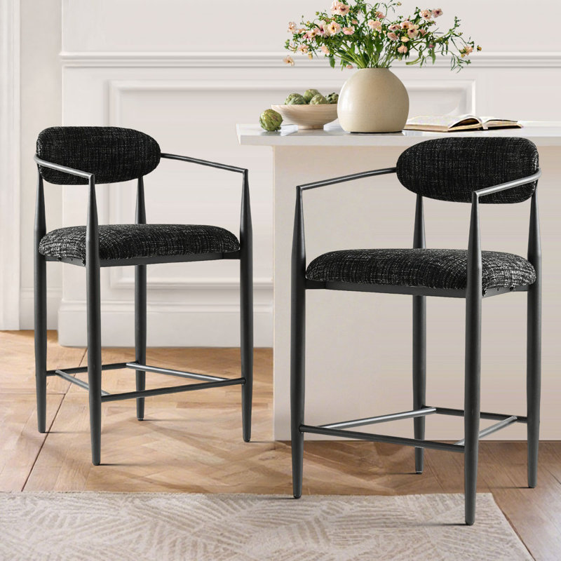 Upholstered Counter Height Bar Stools with Arms and Metal Frame, Black