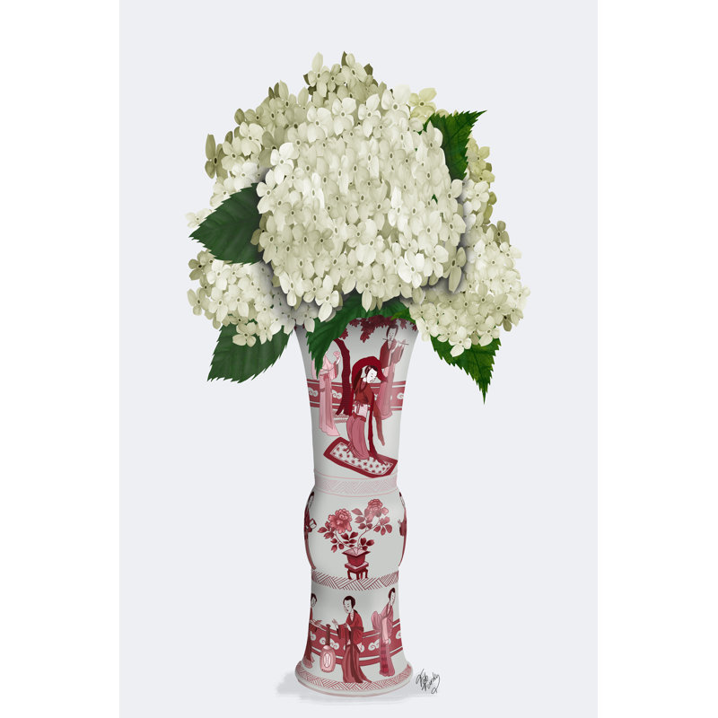 Chinoiserie hortensia blanc, vase rouge, H 36 po x l 24 po x P 1,25 po