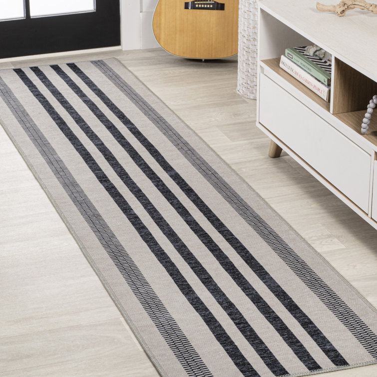 Elvin Striped Machine Woven Polypropylene Area Rug in Cream/Black
